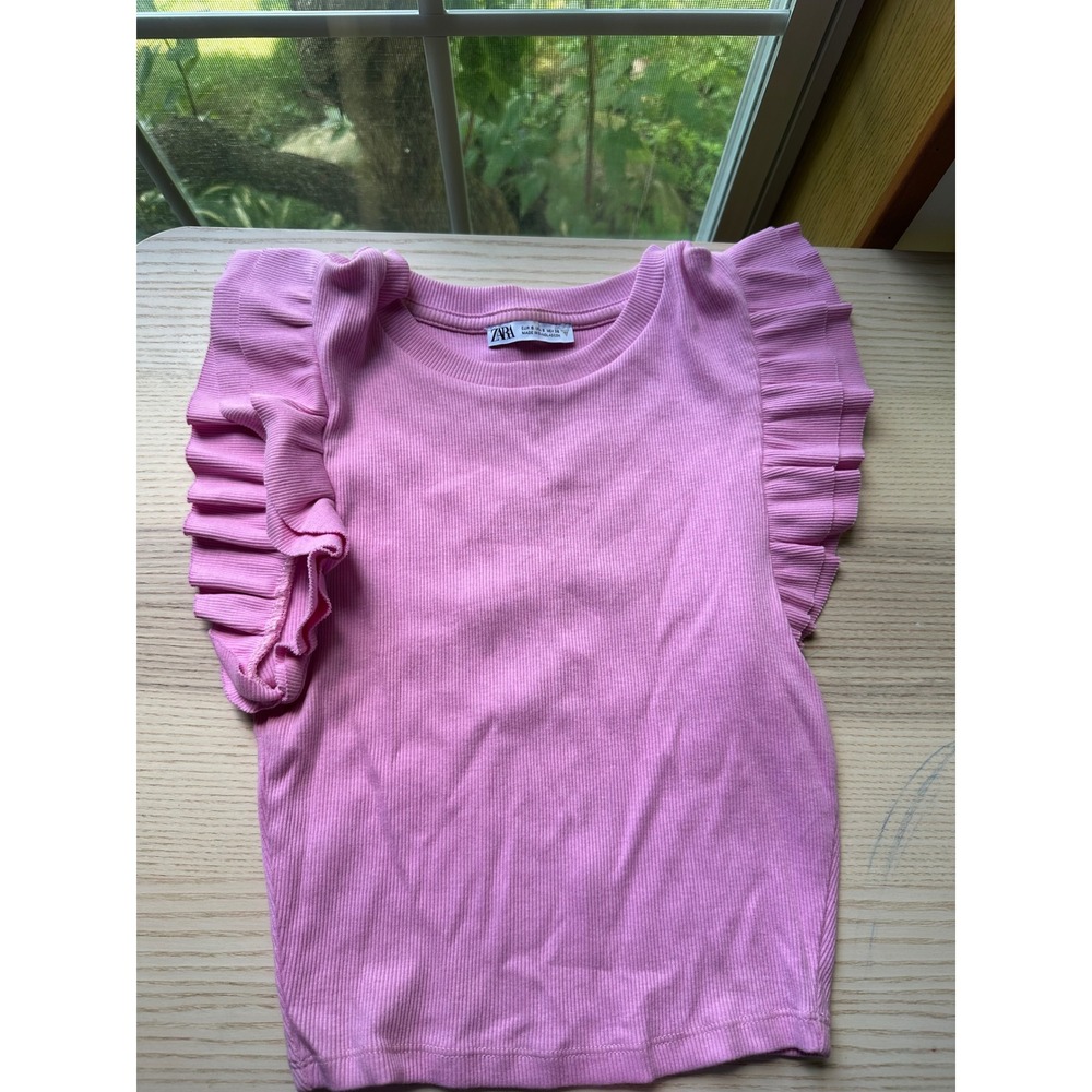 Zara Womens Pink Ribbed Knit Pleated Ruffle Cap Sleeve Crew Neck Top Small